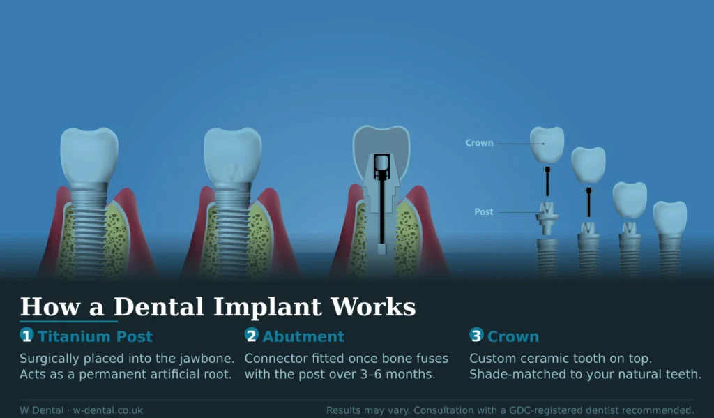 Titanium post, abutment and crown in a dental implant